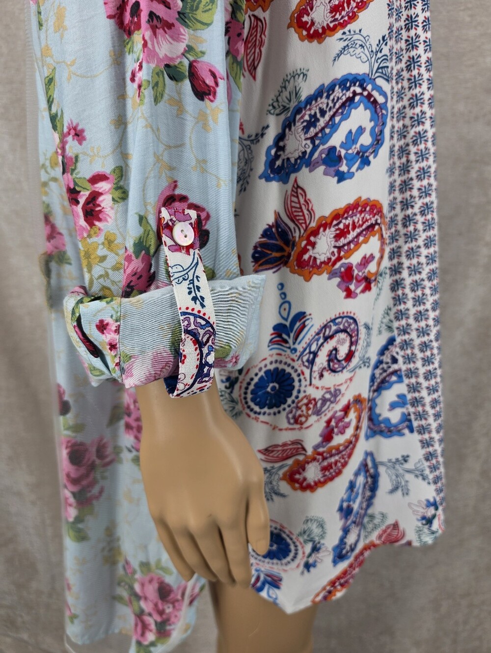 John Mark Floral Embroidered Sheer Panel Long Sleeve Top Mixed Pattern Patchwork - Picture 7 of 12